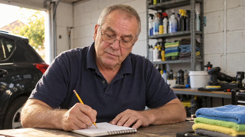 Trevor Ashby writing notes at his garage workbench