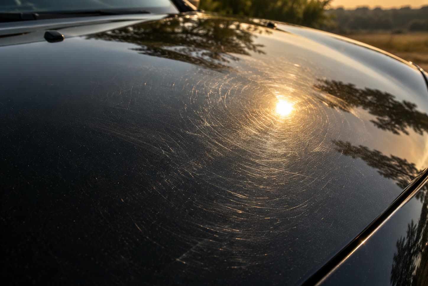 Swirl marks and wash scratches in black paint under low sun