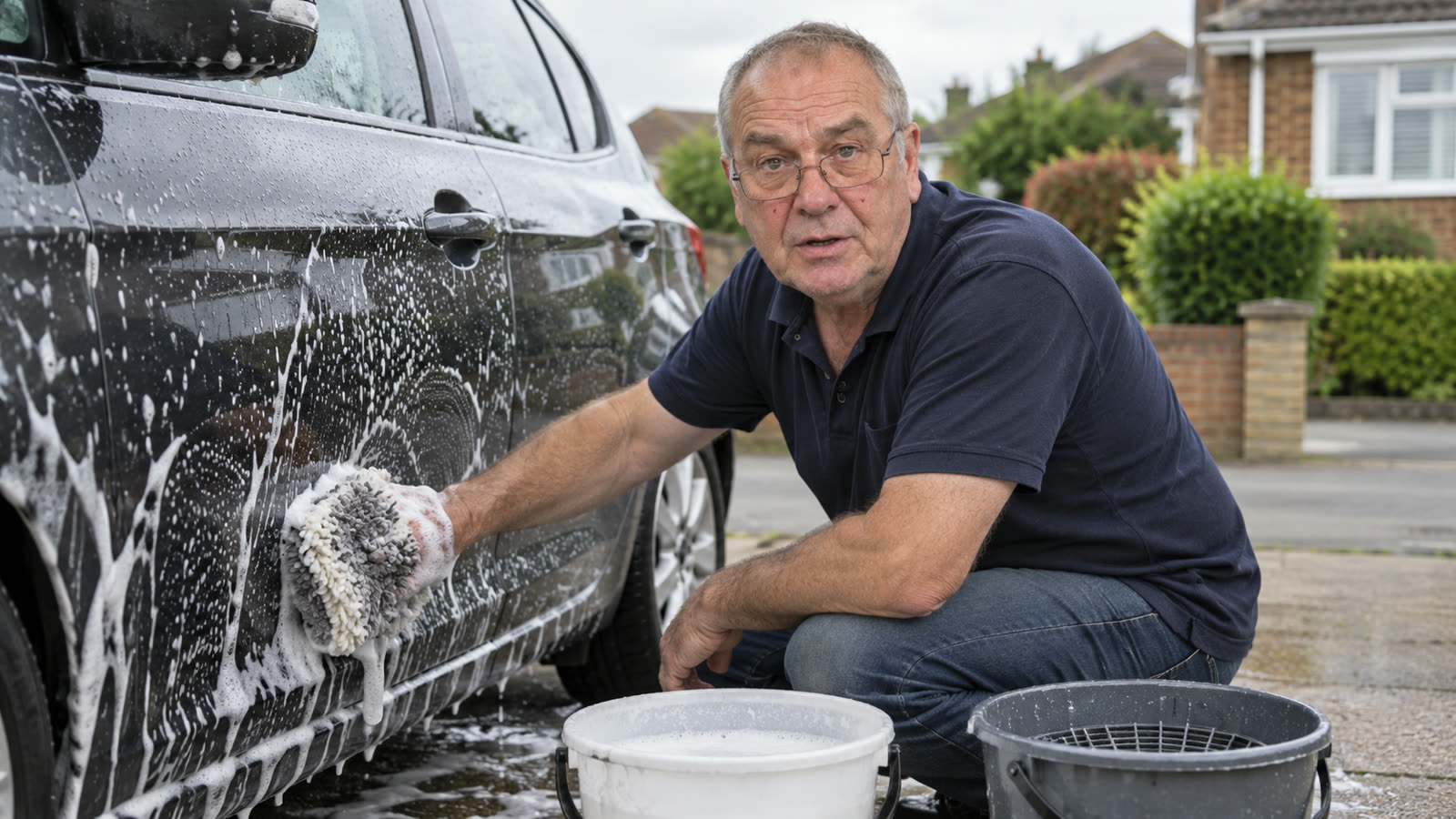 Trevor washing a hatchback with two buckets on his driveway